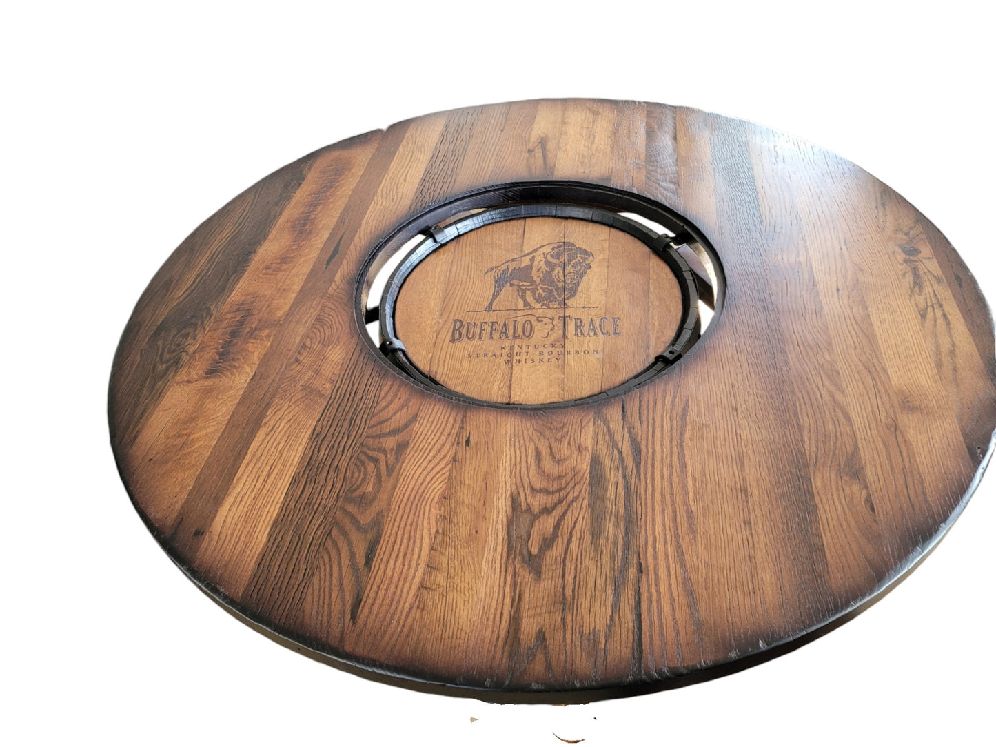 Buffalo Trace® Whiskey Barrel, Table Top (Reclaimed Barn Wood)with Glass Inlay, Metal Footrest, 4 Reclaimed Stave Chairs - Free Shipping!