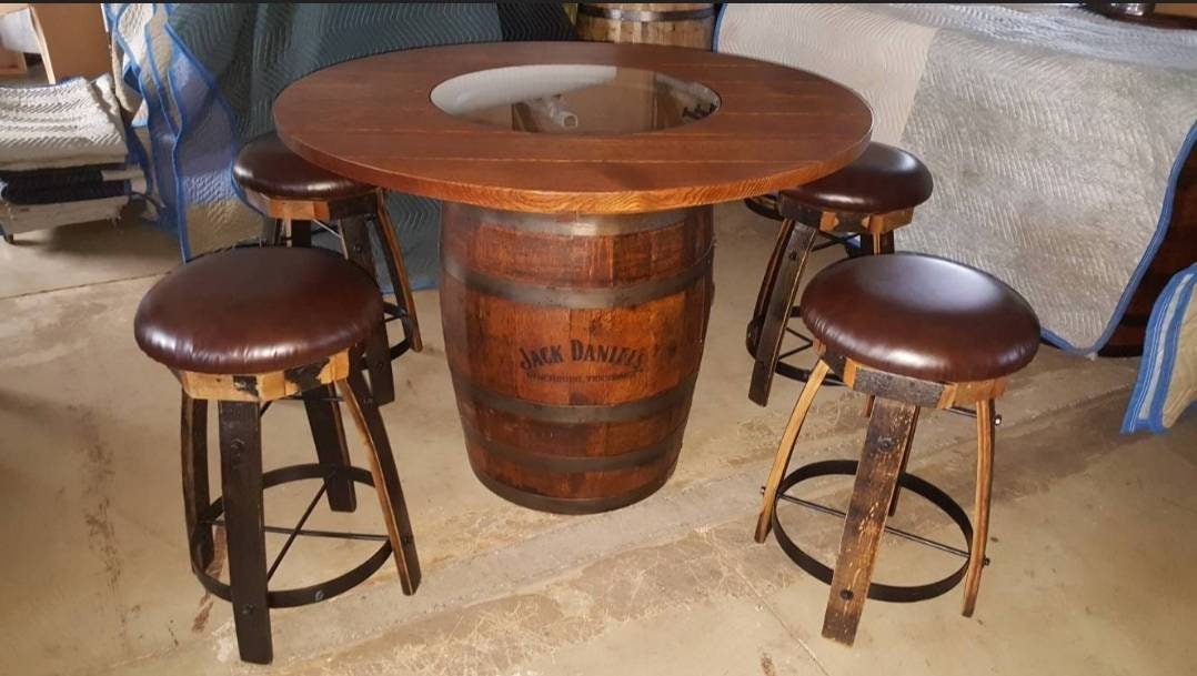 Whiskey Barrel Table TOP ONLY with Center Glass Inlay and Mounting Brackets, Free Shipping - Made in the USA!