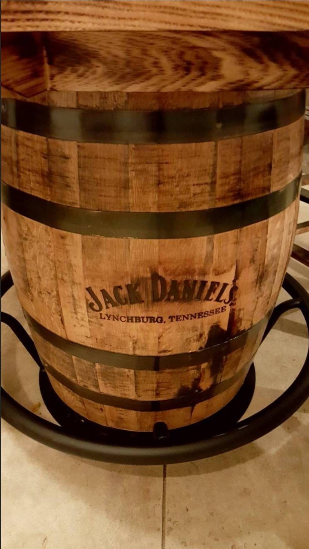 Jack Daniels® Whiskey Barrel, Table Top (48" burnt hickory) with Glass Inlay, Metal Footrest, and 4 Stave Stools - Free Shipping!
