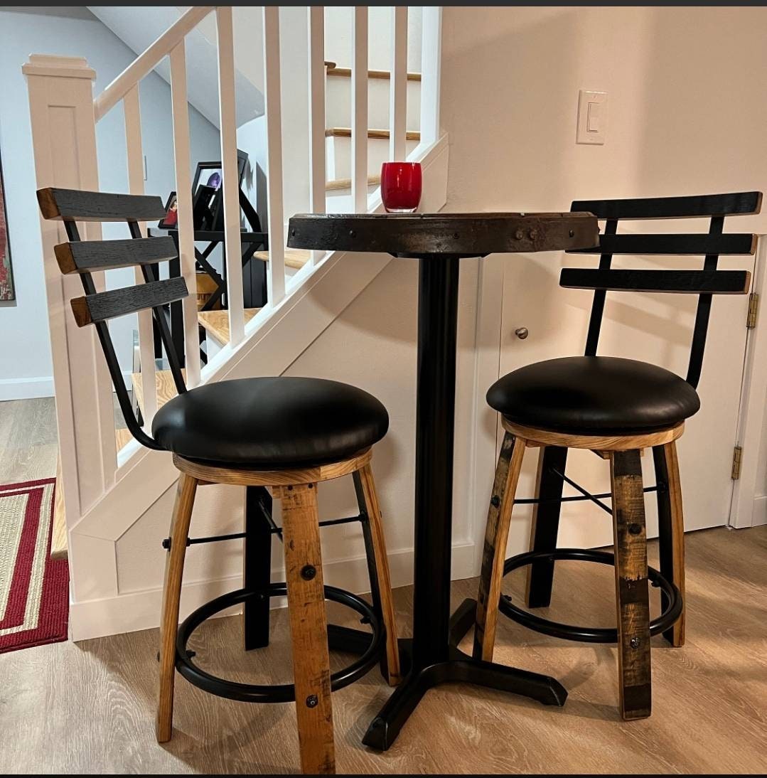 Whiskey Barrel Stave Bar Stool with Cushioned Swivel Seat, Footrest, Stave Back,(Brown or Black Cushion), FREE SHIPPING, Made in USA!