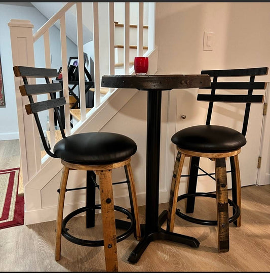 Whiskey Barrel Stave Bar Stool with Cushioned Swivel Seat, Footrest, Stave Back,(Brown or Black Cushion), FREE SHIPPING, Made in USA!