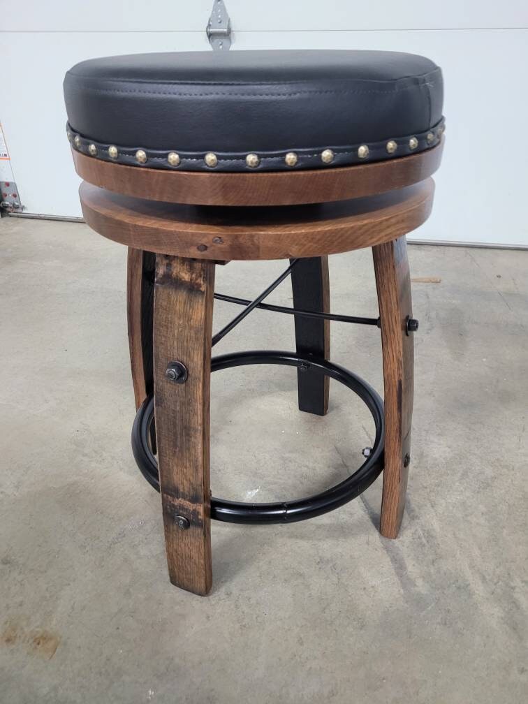 Backless Whiskey Barrel Stave Bar Stool with Real Leather Cushioned Swivel Seat, Footrest, (Brown or Black Cushion), FREE SHIPPING