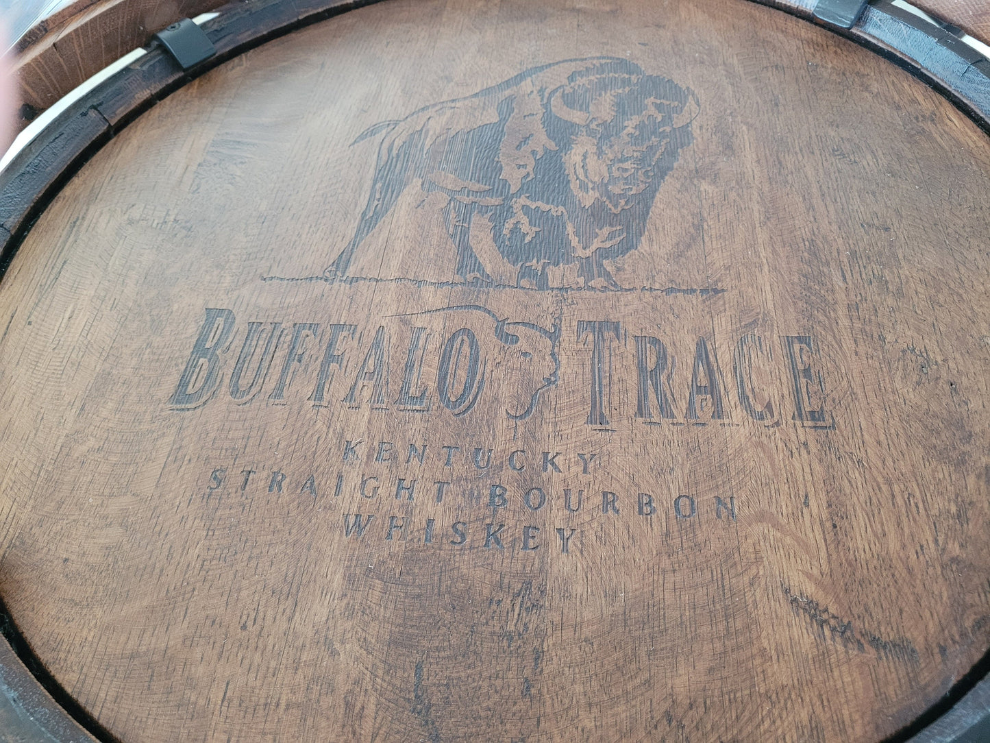 Buffalo Trace® Whiskey Barrel, Table Top (48" Reclaimed Barn Wood) with Glass Inlay, Metal Footrest, and 4 Reclaimed Chairs - Free Shipping!