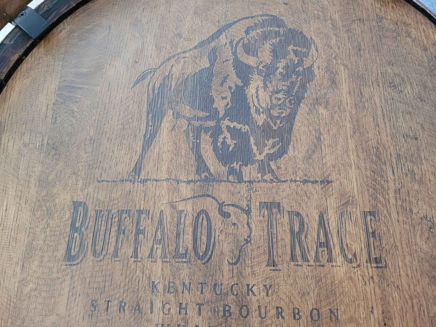 Buffalo Trace® Whiskey Barrel, Table Top (48" Reclaimed Barn Wood) with Glass Inlay, Metal Footrest, and 4 Reclaimed Chairs - Free Shipping!