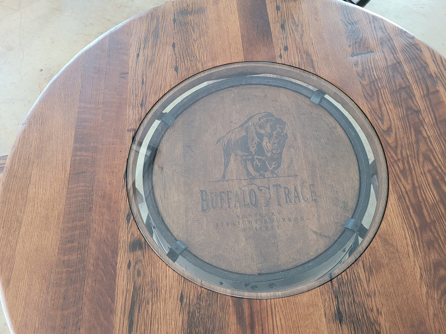 Buffalo Trace® Whiskey Barrel, Table Top (48" Reclaimed Barn Wood) with Glass Inlay, Metal Footrest, and 4 Reclaimed Chairs - Free Shipping!