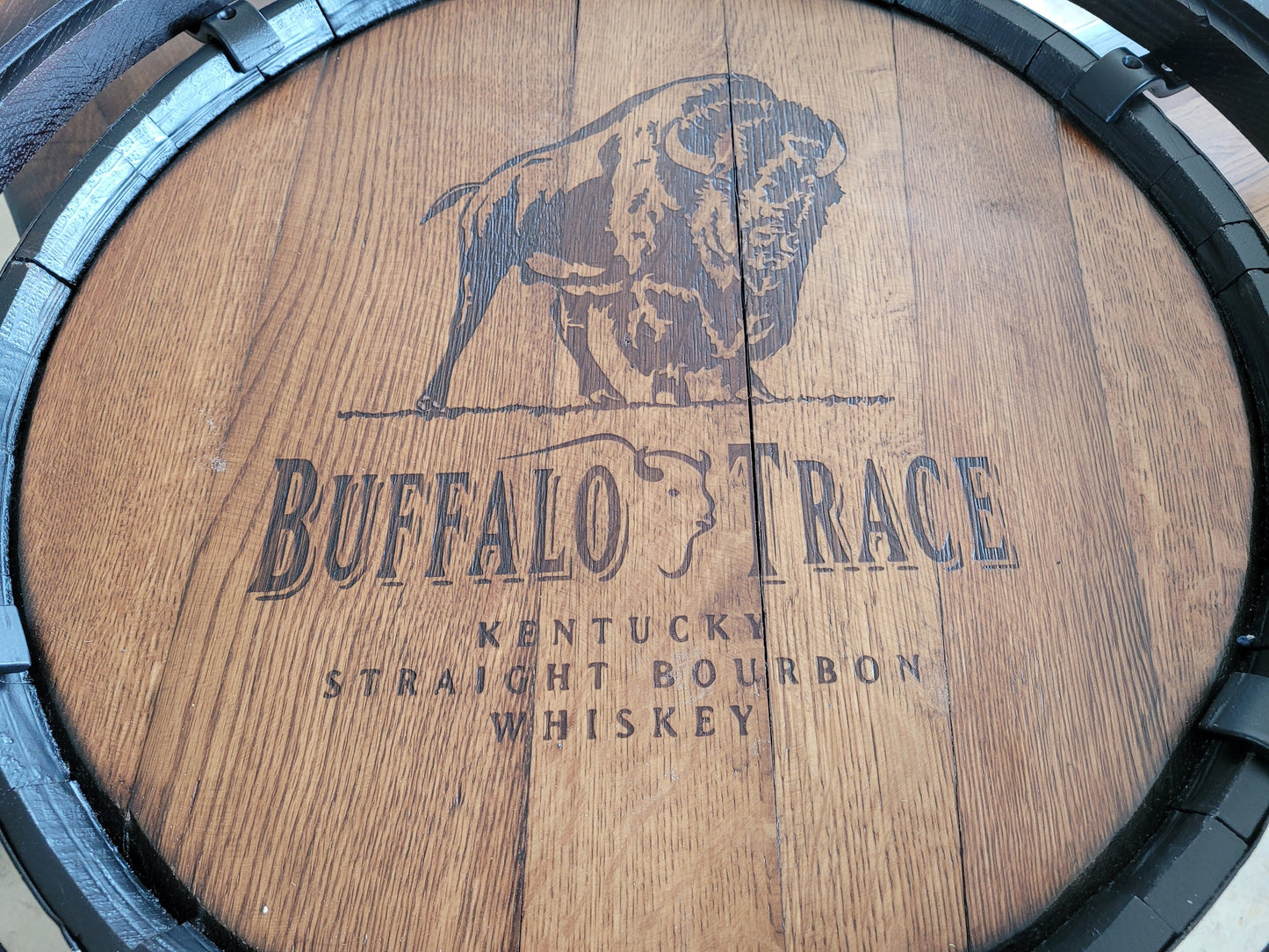 Buffalo Trace® Whiskey Barrel, Table Top (Reclaimed Barn Wood)with Glass Inlay, Metal Footrest, 4 Reclaimed Stave Chairs - Free Shipping!